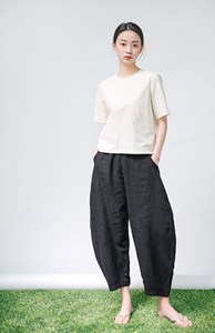 Handmade Boho <b>Linen</b> Pants for Women <b>Plus</b> <b>Size</b> Eco-Friendly Big Loose Fitting Elastic Waist Woven Button Pockets Natural - Product Image 3