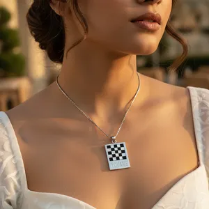 925 Silver Checkered Pendant Necklace Rhodium Geometric Box Women's Jewelry Gift Featuring Diamond Zircon Trendy Rose Gold - Product Image 3