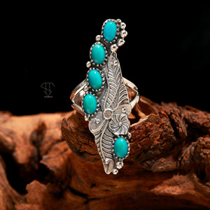 Luxe personnalisé 925 solide Sterling réglage des broches anneaux empilables fabriqués à la main forme ovale Turquoise naturelle fête de mariage - Product Image 1