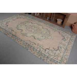 Alfombra turca vintage Beige verde 5,6 X 9.5ft tejido plano de lana con patrón de retazos para decoraciones de sala de estar o uso en el pasillo - Product Image 3