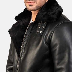 <b>Men's</b> Bomber Leather <b>Jacket</b> in Black Shine with <b>Fur</b> Lining Customized Sheep Leather <b>Jacket</b> <b>Men</b> Quilted Leather <b>jacket</b> <b>for</b> <b>men</b> - Product Image 2