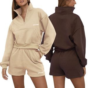 ชุดเสื้อผ้าเลานจ์2ชิ้นสำหรับผู้หญิง2023มีฮู้ดคอตั้งซิปมี1/4ทรงหลวมแนวสตรีทลำลองสีพื้นสำหรับฤดูร้อน - Product Image 3