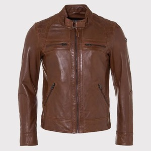 Veste de motard en cuir marron pour homme au design élégant, coupe classique ajustée, fermeture éclair sur le devant, col montant et haute qualité - Product Image 5