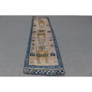 Alfombra Turca Vintage, Alfombra Herki de 2.6x10.5 pies, Alfombra con Puntos Azules y Amarillos - Product Image 1