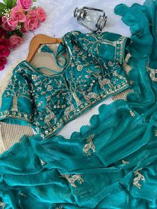 Sari Tradicional de Seda Suave con Bordado Completo, Diseño de Pájaro, Corte Butta, Ideal para Fiestas y Diwali - Product Image 3