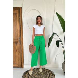 Pantalones anchos de lino verde al por mayor con cintura alta y característica transpirable - Product Image 4