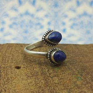 925 Silver Bohemian Rava Work Adjustable <b>Ring</b> Dual <b>Lapis</b> <b>Lazuli</b> & Diamond Stone Dual Stone <b>Lapis</b> <b>Lazuli</b> Silver <b>Ring</b> - Product Image 1