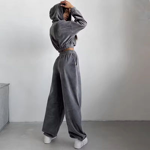 Ensemble de survêtement en velours de haute qualité personnalisé |   Nouvelle mode, pantalon large pour femmes, streetwear, ensemble décontracté pour le travail, vente en gros - Product Image 2