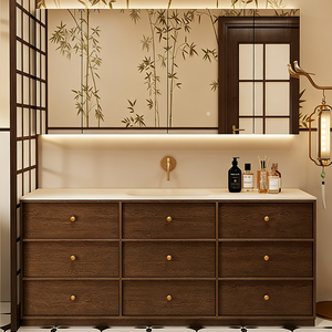 Mobile da Bagno in Legno con Lavabo Integrato in Pietra, Arredo Bagno Autoportante con Cassetti - Product Image 1