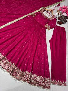 Calidad Premium 2025 Presenting Exclusive Designer Heavy Pure Vichitra Silk Rani Color Anarkali Suit para niñas de moda - Product Image 6