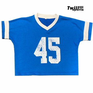 T-shirt court en molleton français bleu et blanc à col en V de haute qualité pour femme, taille XL, vente en gros, promotion estivale, impression personnalisée - Product Image 1