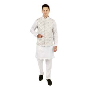 Ensemble de cérémonie indien traditionnel TRILOKI Ikkat 3-en-1 haut de gamme en coton 100% lavable, comprenant Kurta, Pyjama et Gilet à manches longues - Product Image 1