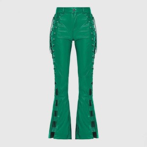 Customized Vegan Leather Flared Pants for Women <b>Green</b> Skinny Fit with <b>Lace</b>-up Cut-out High Waist Plus Size Breathable Fashion - Product Image 4