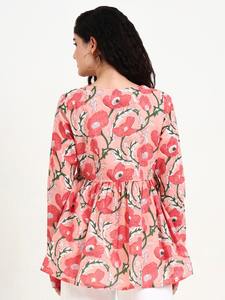 Top Peplum de Algodón con Estampado Floral Rosa para Mujer al por Mayor |   Elegante Blusa Casual Étnica de Manga Larga - Product Image 3