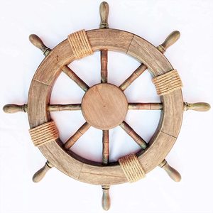 Antique 12-Inch Pirate Ship <b>Wheels</b> Nautical Mango <b>Wood</b> Home Decor with Polished Technique and Roped Lines - Product Image 1