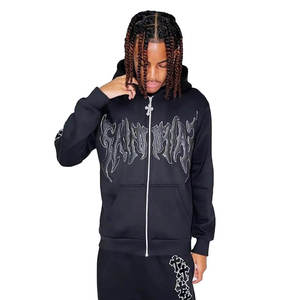 Puff Print Custom Logo Flare Sweatsuit <b>Men's</b> Tracksuit 100% cotton Fleece Raw Hem Hooded Flared <b>Sweat</b> <b>Pants</b> <b>Men</b> Zip Up Sweatsuit - Product Image 3