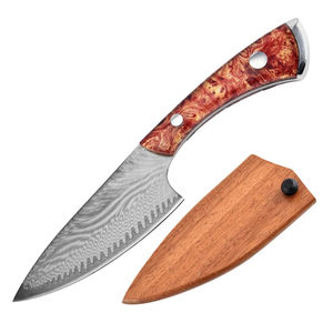 Cuchillo de Cocina Portátil de Acero de Damasco 5 en 1 con Mango de Acrílico con Patrón de Madera para Cortar Carne, Deshuesar, Filetear Pescado, Ideal para Acampar - Product Image 2