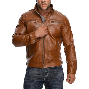 Veste de moto en cuir Manteau d'extérieur avec poches zippées Veste en cuir à col montant pour hommes Faux décontracté - Product Image 2