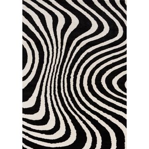 Alfombra de Salón Rectangular Abstracta de Viscosa a Rayas Blancas y Negras Joli, Hecha a Máquina - Product Image 1