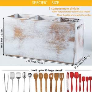 Porte-ustensiles de cuisine blanc grand organisateur d'ustensiles rangement d'outils de cuisine pour comptoir de cuisine Acacia en bois 3 compartiments - Product Image 3