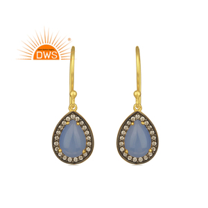 Pendientes colgantes de piedras preciosas de Calcedonia azul y circonita cúbica natural chapada en oro de 18 quilates, joyería fina Demi, superventas - Product Image 1