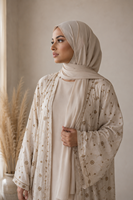 Setelan Abaya 3 Potong Ramadan EID Muslimah Elegan Mewah Berhias Manik-Manik Linen Bordir Tangan Terbuka (Kimono + Gaun Dalam + Hijab)