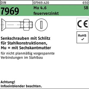 Countersunk <b>Screw</b> DIN 7969 M12x35 4.6 Hot-Dip <b>Galvanized</b> Slotted 100 Pcs - Product Image 1