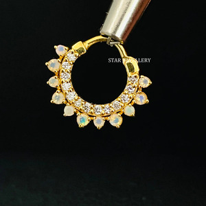14K Solid Gold <b>Septum</b> Nose <b>Ring</b> with Opal Stone Fine Jewelry. - Product Image 1