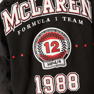 Chaqueta de lana y cuero negra personalizada con logotipos bordados y logotipo de McLaren dentro del producto de la fabricación de la temporada de invierno - Product Image 5