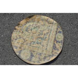 Tapis en laine turque Vintage de 2,3 pieds X 2,3 pieds, technique de tissage plat Design patchwork Beige et bleu pour les décorations de salon des adolescents - Product Image 3