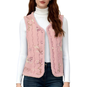 Women's Padded Quilted Vest Floral Sleeveless Jacket Button Front Warm Outerwear for Home and Daily Wear