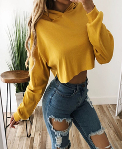 OEM Logo Último diseño Lady Pullover Sudaderas con capucha Mujeres personalizadas Top corto de manga larga con capucha - Product Image 2