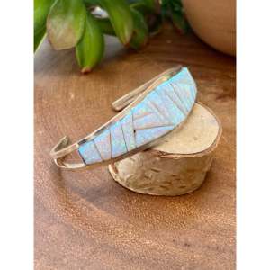 Navajo Handmade Cobblestone Cuff <b>Bracelet</b> with White <b>Opal</b> & Sterling Silver Fashionable Accessory - Product Image 3