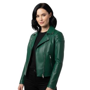 Veste en cuir vert pour femmes, style moto, vente en gros personnalisée, usine, cuir véritable, vêtements d'extérieur, mode motard, manteau pour femmes - Product Image 1