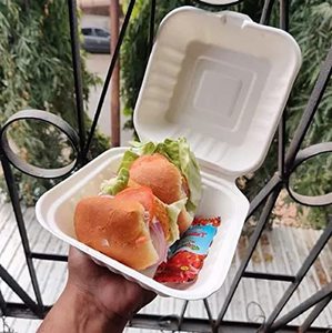 Contenants alimentaires en forme de coquille de canne à sucre pour l'emballage de restauration rapide, 6 x 6 pouces, compostables, avec couvercle, pour les restaurants de burgers - Product Image 3