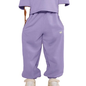 Girls Purple Crop Top & Pants Set Crew Neck Short Sleeve Loose Fit Embroidery Design All Seasons Children's Wear - Product Image 5