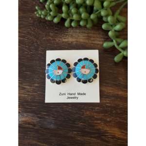 Zuni Handmade Multi-Stone & Sterling Silver Inlaid Sunface <b>Post</b> Earrings Cultural Collectible Jewelry - Product Image 1