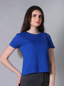 Supra Blue Crop Top 5% Spandex 95% algodón manga corta cuello estampado Slim Fit Casual Knit Fitted Shirt Basics Tee - Product Image 4