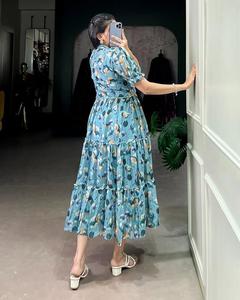 เดรสมิดิทรงเอไลน์โบฮีเมียนหรูหรามีระบายและพิมพ์ลายดอกไม้สีเขียวสำหรับสวมใส่ลำลองและงานปาร์ตี้ในฤดูร้อน - Product Image 3