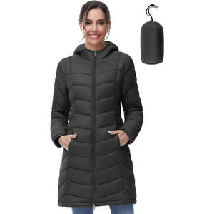 Veste longue bouffante pour femmes légères de haute qualité pour l'hiver col montant avec capuche coupe-vent et tissu douillet rempli de duvet - Product Image 1