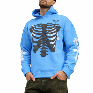 เสื้อฮู้ดพิมพ์ลายโครงกระดูกสีน้ำเงินคุณภาพสูง เสื้อฮู้ดลายกราฟิกรูปทรงกระดูกอ่อน เสื้อสเวตเชิ้ตผ้าฝ้ายฟลีซสตรีทแวร์แบบยูนิเซ็กซ์สั่งทำได้ - Product Image 1