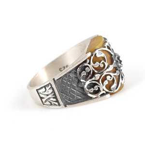 925 Sterling Silver Men's <b>Ring</b> with Yellow Pressed Amber Stone and Handcrafted Pen Design Bezel Setting Inlay Everyday Wear - Product Image 4