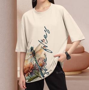 Camiseta extragrande personalizada para mujer, holgada, ajustada, cuello redondo, manga corta, estampado de tipografía, tela de algodón de punto, Hip Hop, Anti-Pilling - Product Image 3