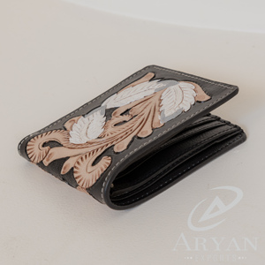 <b>Real</b> Hand Tooled Leather <b>Men's</b> Wallet Long Zipper Bifold Wallet Hot Selling <b>Black</b> Tooling Money Card Holder Wallets Gift for Him - Product Image 5