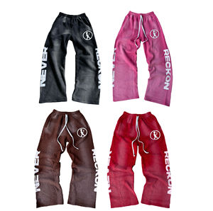 Pantalons personnalisés délavés pour hommes, en molleton français, jambes larges, lavage à l'acide, style baggy, évasés, avec strass - Product Image 2