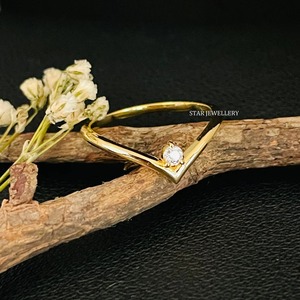 14K แหวนแต่งงานทรง V ลึกหินโมโนเพชรธรรมชาติสีทองคำแท้ - Product Image 2