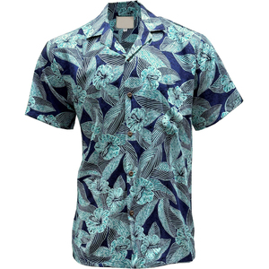 เสื้อฮาวายสำหรับผู้ชายปรับแต่งได้เสื้อเชิ้ตสีเบจสีฟ้าเข้มลายดอกชบาผ้าพอปลินสำหรับผู้ผลิตในฤดูร้อน - Product Image 1