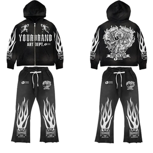 Chándal acampanado personalizado 2025, conjunto de dos piezas personalizado con cuello con capucha, técnica teñida Lisa, algodón/poliéster para hombre de invierno - Product Image 3