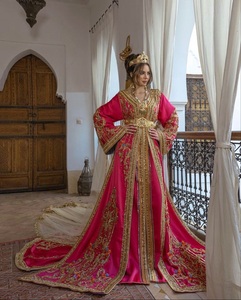 ใหม่-ชุดเดรส caftan สีชมพูแวววาวพร้อมผ้าคลุมหน้าประดับด้วยลูกปัดแก้วคริสตัล, หิน, dabka Work สำหรับงานแต่งงาน = 2025 - Product Image 1