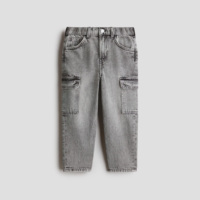 Jean cargo fuselé respirant pour enfant, coupe facile, en denim tissé délavé uni avec boutons, style urbain contemporain, pour usage quotidien, ODM